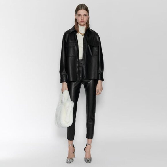 ZARA Black Faux Leather Buttoned Shirt and Pants Set - Picture 1 of 3